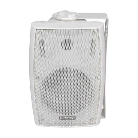 Adastra BM5V-W white wall-mount background speaker with mesh grille, tweeter dial, and adjustable steel bracket, shown on a plain background.