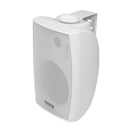 Adastra BM5V-W white wall-mount background speaker with mesh grille, tweeter, and adjustable steel bracket, shown on a plain background.