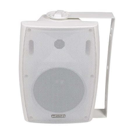 Adastra BM6V-W white wall-mount background speaker with powder-coated steel grille and adjustable steel bracket, shown on a plain white background.