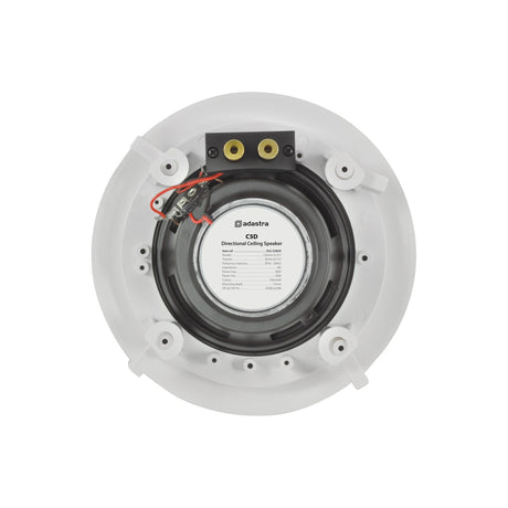 Rear view of the Adastra C5D 13cm ceiling speaker showing the woofer, wiring terminals, mounting clips and specification label, on a white background.