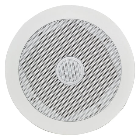 The Adastra 5.25" 40W Ceiling Speaker features a white grille and is designed for in-ceiling installation. It includes a central cone with an adjustable tweeter, surrounded by perforated metal within a sleek white frame, making it an ideal enhancement for your surround sound experience.