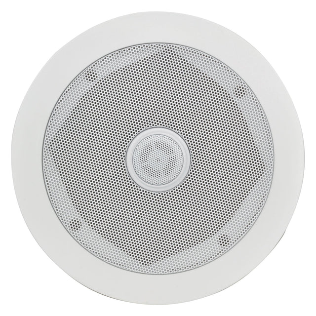 The Adastra 5.25" 40W Ceiling Speaker features a white grille and is designed for in-ceiling installation. It includes a central cone with an adjustable tweeter, surrounded by perforated metal within a sleek white frame, making it an ideal enhancement for your surround sound experience.