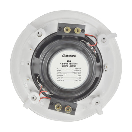 Rear view of the Adastra C6S 6.5" dual voice coil ceiling speaker showing white housing, woofer, tweeter, wiring and terminal blocks on a white background.