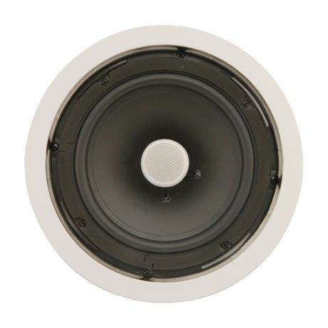 Adastra C8D 8" ceiling speaker, front view with white round frame, black woofer cone and central directional tweeter, on a plain white background.