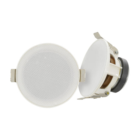 Adastra SL3 3" slimline ceiling speakers pair, white round grille and angled rear view showing driver, mounting clips, and bracket on a plain background.