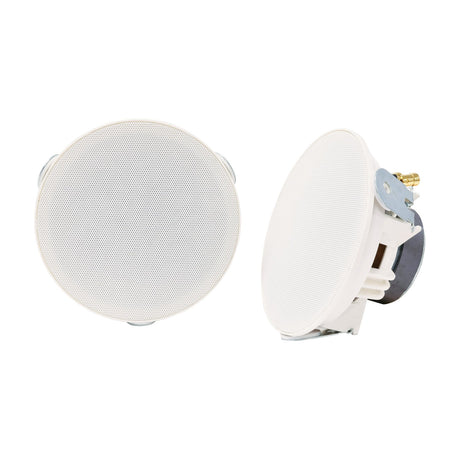 Adastra SL4 slimline 4" ceiling speakers by AVSL shown as a pair, front grille view and side view with mounting clips and gold terminals.