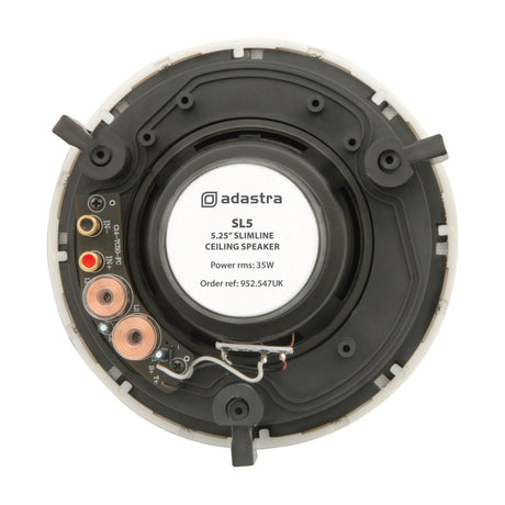 Rear view of Adastra SL5 5.25" slimline ceiling speaker showing driver, crossover coils, wiring terminals, and mounting clips on white background.