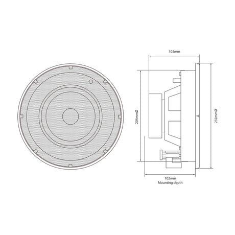 Adastra SL6 slimline 6.5-inch ceiling speaker technical drawing with front grille, side profile, 232mm diameter, and 102mm mounting depth.