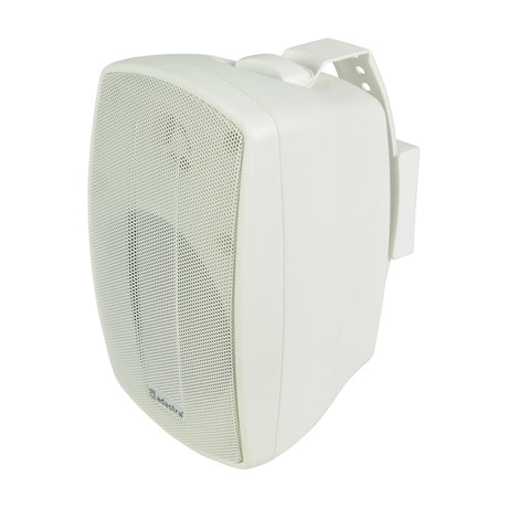 Adastra BH4V-W white IP44 background speaker with mesh grille and adjustable wall mounting bracket, shown against a plain white background.