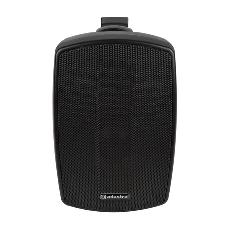 Adastra BH4V-B IP44 background speaker with black aluminium grille, moulded cabinet, and wall-mount bracket, shown on a plain white background.