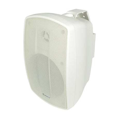 Adastra BH5V-W 100V IP44 white commercial background speaker with aluminium grille and adjustable wall mount bracket, shown on a plain background.
