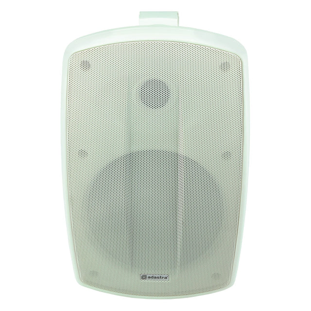 The Adastra BH6V-W 6" 140W 100V Background Speaker, available in white and featuring an IP44 weather-resistant design along with a mesh grill, showcases a prominent central circular pattern accompanied by a smaller one above. This speaker is engineered for versatility, delivering high-quality sound reproduction in any setting.