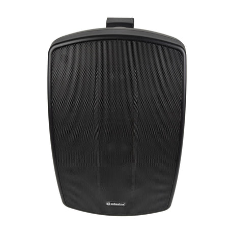 Adastra BH6V-B 100V IP44 background speaker in black with perforated aluminium grille and wall-mount bracket, shown on a plain white background.