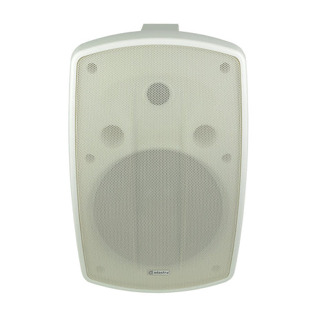 Adastra BH8V-W white IP44 background speaker with moulded cabinet and aluminium grille, shown front-on against a plain white background.
