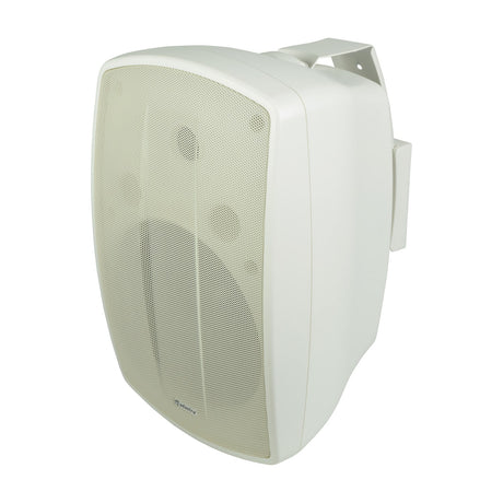 Adastra BH8V-W white IP44 100V background speaker with aluminium grille and adjustable wall mounting bracket, shown at an angle on a plain background.