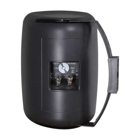 Rear view of the Adastra BG5T-B black background speaker showing the rotary tapping switch, spring terminals and adjustable wall mounting bracket.
