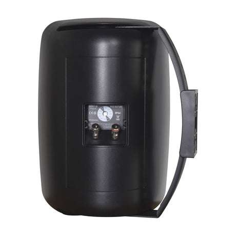 Rear view of the Adastra BG6T-B black background speaker showing terminal panel, IP54 rating label and wall mounting bracket on a white background.