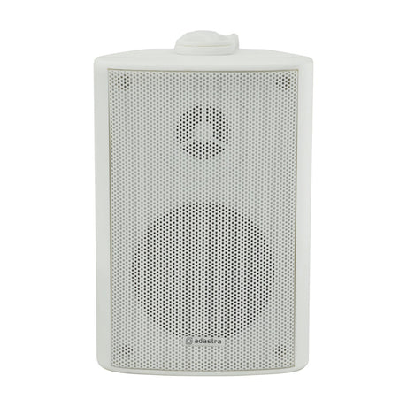 Adastra BC3V-W 100V background speaker in white, wall-mount bracket, mesh grille covering woofer and tweeter, on a plain white background.