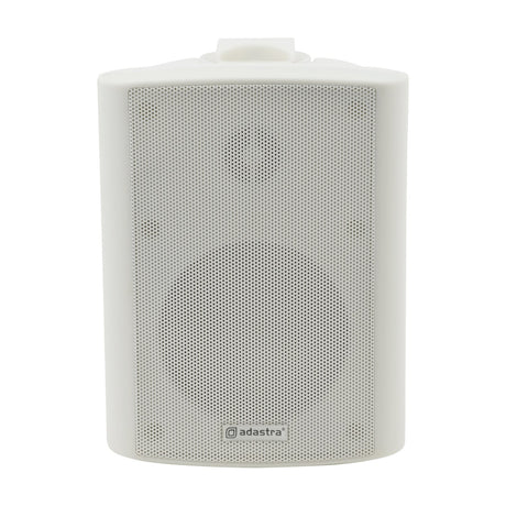 Adastra BC4V-W white 4" background speaker with mesh grille, wall mounting bracket, and steel casing, shown on a plain white background.