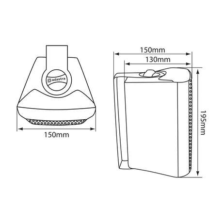 Technical line drawing of the Adastra BC4V-W white 4" background speaker showing front and side views with 150mm width and 195mm height dimensions.