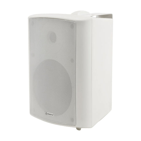 Adastra BC6V-W white 100V background speaker with mesh grille, wall bracket, and steel cabinet, shown at an angle on a plain background.