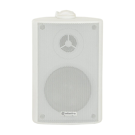 Adastra BP3V-W white weatherproof 3" background speaker with perforated aluminium grille, ABS cabinet, and top mounting bracket.
