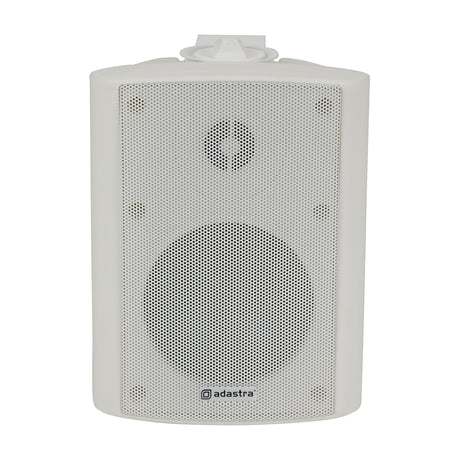 Adastra BP4V-W white weatherproof cabinet speaker with perforated grille, tweeter, wall mounting bracket, and adastra logo, shown on a plain background.