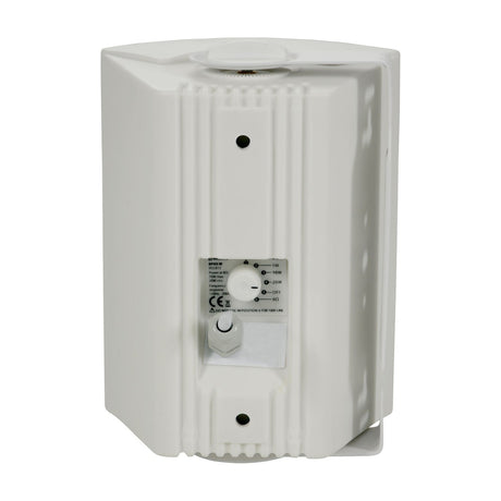Rear view of the Adastra BP4V-W white weatherproof cabinet speaker showing power tap selector, cable gland, and wall mounting bracket.