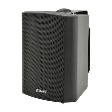 Adastra BP4V-B matt black 100V 4" weatherproof background speaker with aluminium grille and wall mounting bracket, shown at an angle on a white background.