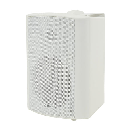 Adastra BP5V-W 100V weatherproof commercial speaker in white with ABS enclosure, aluminium grille, and wall mount bracket, shown at an angle.