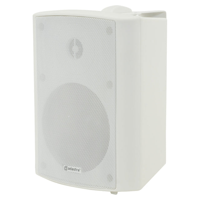 The Adastra BP5V-W 5.25" 90W 100V background outdoor speaker in white is equipped with a mesh grille and a discreet logo at the bottom. Designed with a sleek, modern aesthetic, it is suitable for indoor use and features polypropylene cones to ensure enhanced durability.