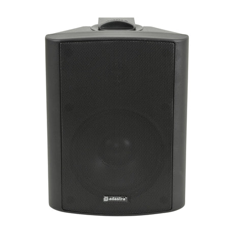 Adastra BP5V-B weatherproof wall speaker in matt black, with mesh grille, top bracket, and 100V IP54 rated cabinet on a plain white background.