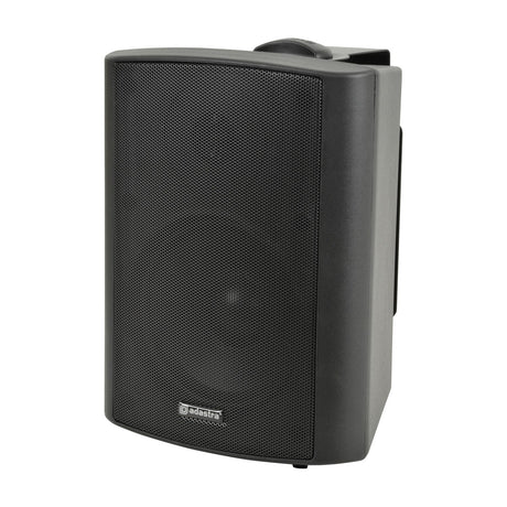 Adastra BP5V-B weatherproof speaker in matt black with metal grille, rear wall mounting bracket and rotary selector, shown on a plain white background.