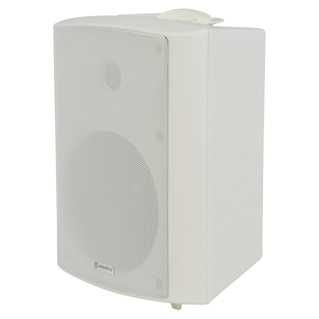 The Adastra BP6V-W 6.5" 120W 100V Background Outdoor Speaker in white features a rectangular design with a mesh front grill, revealing a circular speaker behind it. This weatherproof and freestanding speaker is rated IP54 for durability and includes the brand logo in the bottom corner of the grill.