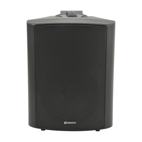 Adastra BP6V-B 100V IP54 6.5" weatherproof speaker in matt black, ABS enclosure with perforated aluminium grille, wall bracket on top, plain white background.