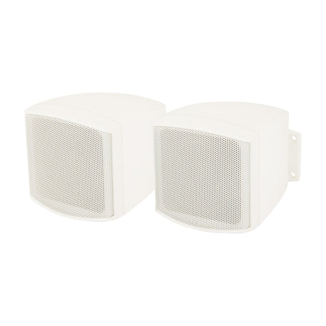 Adastra C25V-W 2.5" compact background speakers, pair of white moulded cabinets with mesh grilles and adjustable wall-mounting brackets on a plain background.