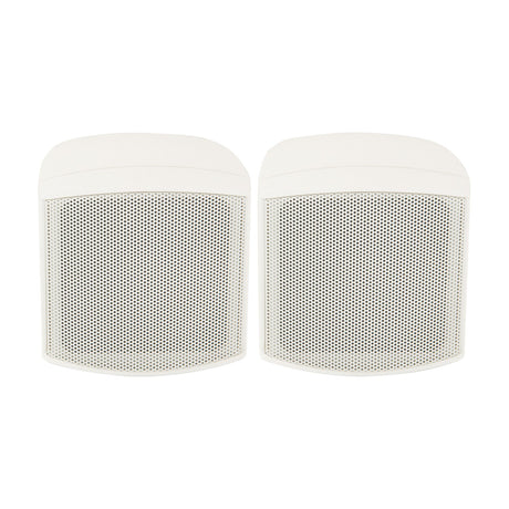 Pair of Adastra C25V-W 2.5" compact background speakers with white moulded enclosures and perforated grilles, shown against a plain white background.