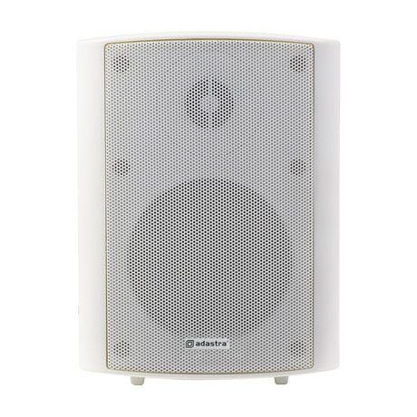 Adastra BP4A-W 4" active weatherproof wall speaker in white plastic with round grille, tweeter, and woofer, shown on a plain white background.