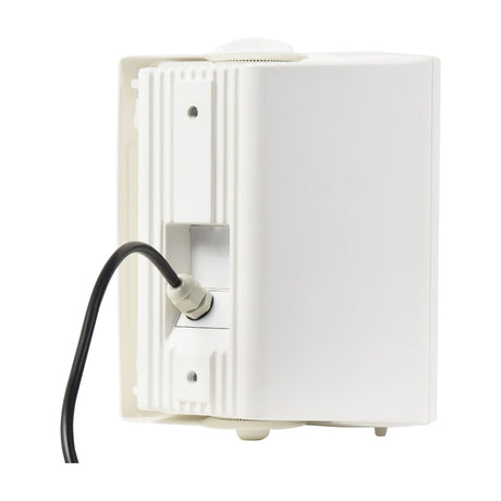 Adastra BP4A-W 4" active weatherproof wall speaker in white plastic, rear view showing wall mounting bracket and hard-wired cable, on a plain background.
