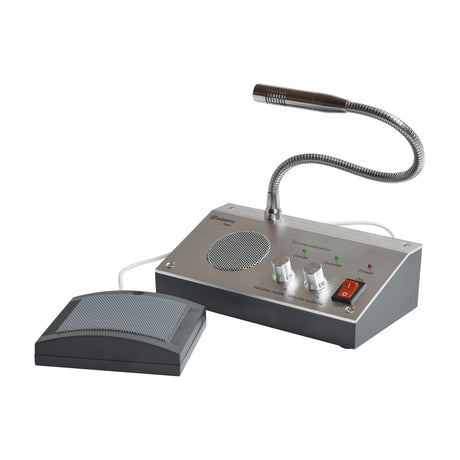 Adastra TGM4 through-glass 2-way counter intercom with brushed metal desktop unit, gooseneck microphone, volume controls, and grey client speakerphone.
