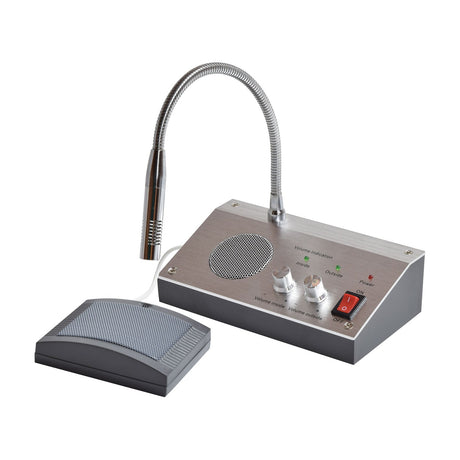 Adastra TGM4 through-glass intercom with brushed metal desktop unit, gooseneck mic, volume dials, and grey client speakerphone on white background.