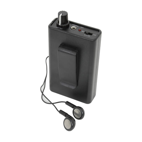 Adastra LR2 induction loop receiver in black casing with volume dial, LED indicator, belt clip, and included in-ear headphones on a white background.
