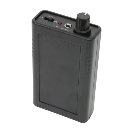 Adastra LR2 induction loop receiver in black plastic casing with volume dial, LO CUT switch, LED indicator and 3.5mm phones jack, shown on a white background.