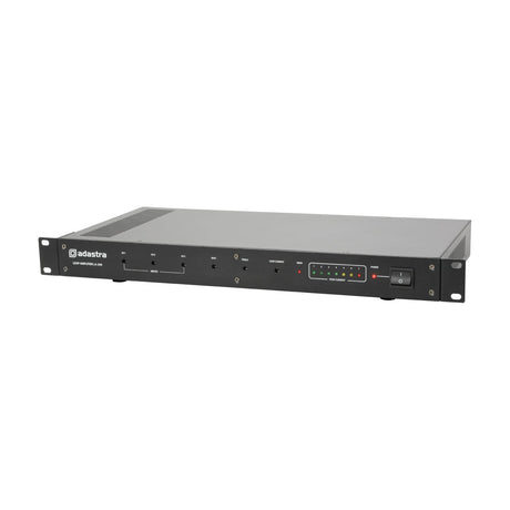 Adastra LA-300 mkII 3-Channel Induction Loop Amplifier, black rack-mount unit with input dials, LED meters and power switch, on white background.