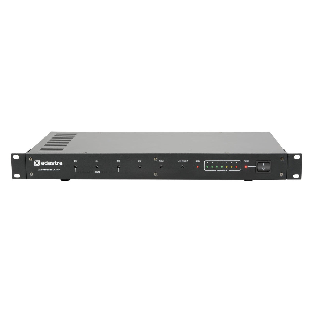 The Adastra LA-300 Mkii Induction Loop Amplifier, featuring a sleek rectangular design ideal for rack mounting, is equipped with control knobs and indicator lights on the front panel. This black amplifier enhances audio quality for assisted listening and meets the needs of hearing aid users, with the brand logo prominently displayed on the left side.