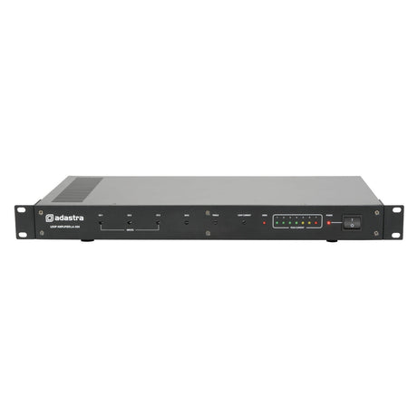 The Adastra LA-300 Mkii Induction Loop Amplifier, featuring a sleek rectangular design ideal for rack mounting, is equipped with control knobs and indicator lights on the front panel. This black amplifier enhances audio quality for assisted listening and meets the needs of hearing aid users, with the brand logo prominently displayed on the left side.