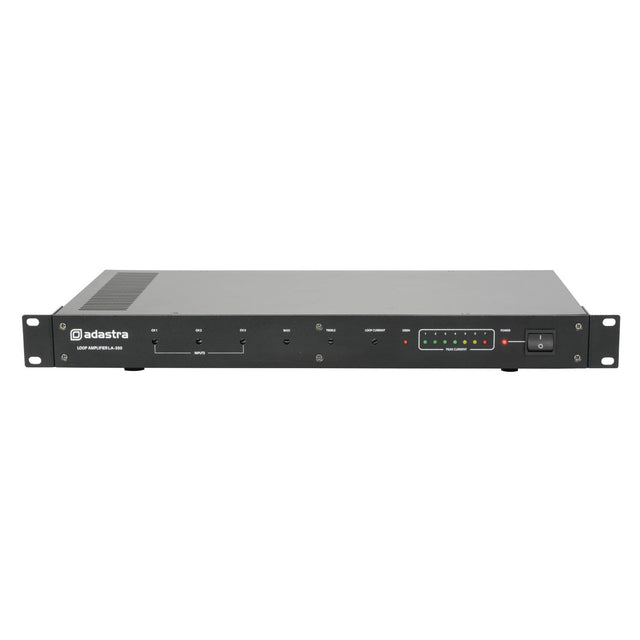 The Adastra LA-300 Mkii Induction Loop Amplifier, featuring a sleek rectangular design ideal for rack mounting, is equipped with control knobs and indicator lights on the front panel. This black amplifier enhances audio quality for assisted listening and meets the needs of hearing aid users, with the brand logo prominently displayed on the left side.
