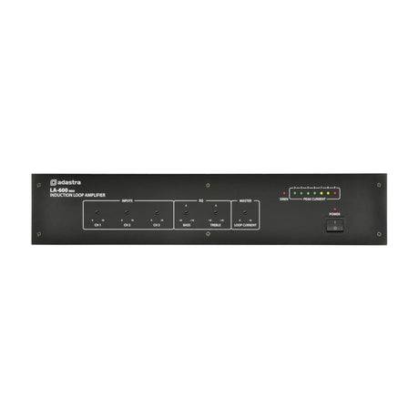 Adastra LA-600 mkII 19" rackmount induction loop amplifier in black, featuring CH1–CH3 input dials, bass/treble EQ, loop current control, and power switch.