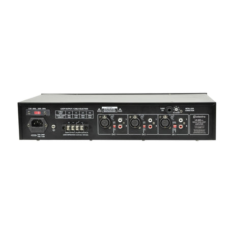 Rear panel of the Adastra LA-600 mkII induction loop amplifier with IEC power inlet, loop output terminals, three XLR/RCA channel inputs and controls.