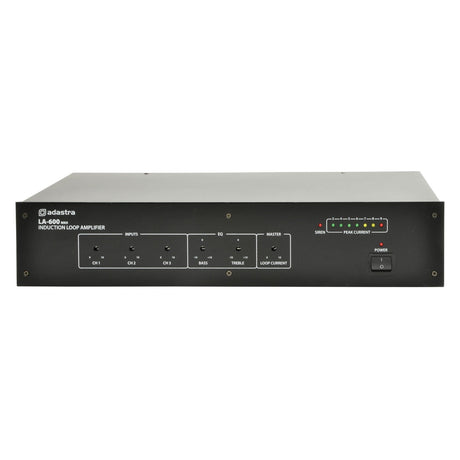 The Adastra LA-600 Mkii Induction Loop Amplifier is a rack-mounted device with a sleek black front panel that includes input and control knobs for channels, bass, and treble. It features LED indicators that display signal strength for hearing aid users and has an on/off power switch conveniently located on the right side.